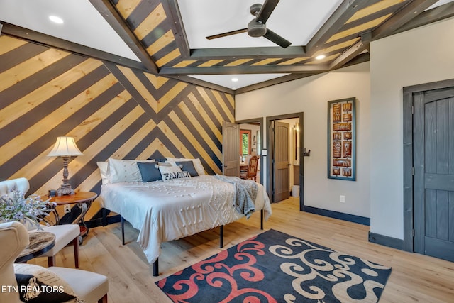 bedroom with ceiling fan and light wood-type flooring