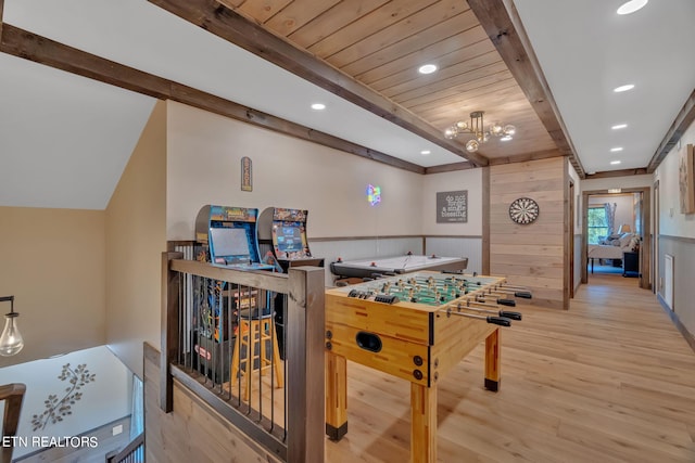 recreation room featuring wooden ceiling, wood walls, beamed ceiling, and light wood-type flooring