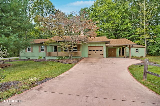 ranch-style house featuring a garage, a front lawn, covered porch, and a carport