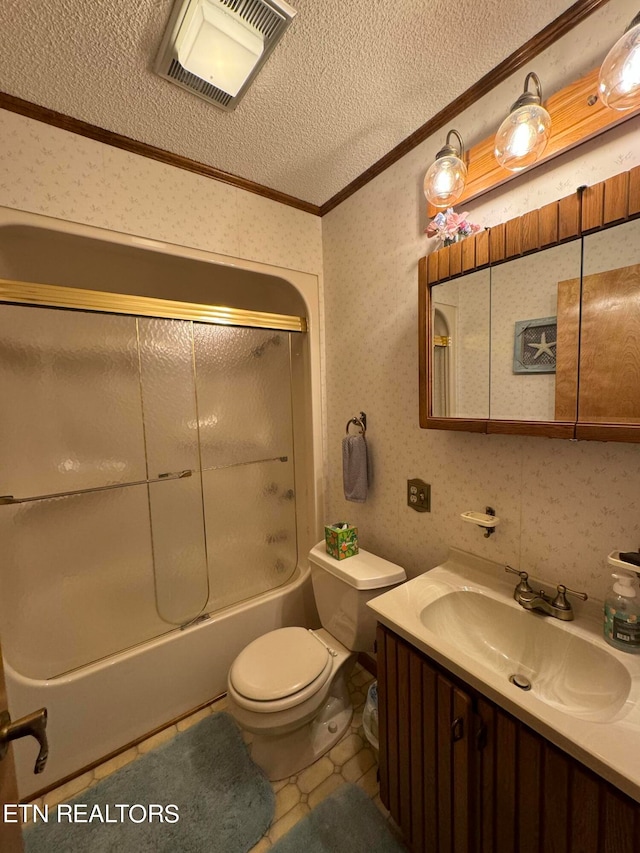 full bathroom featuring vanity, ornamental molding, a textured ceiling, bathing tub / shower combination, and toilet