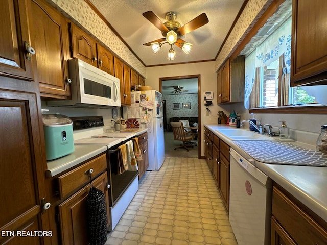 kitchen with a textured ceiling, sink, white appliances, crown molding, and ceiling fan