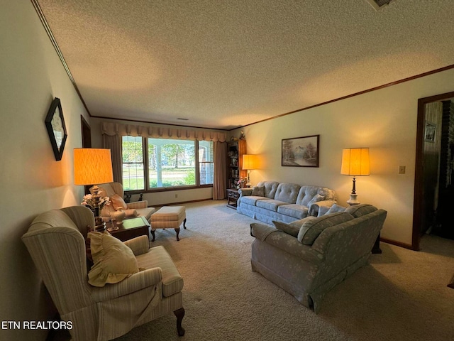 living room with light carpet and a textured ceiling