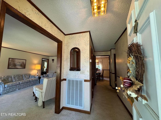 hall with light carpet, a textured ceiling, and a healthy amount of sunlight