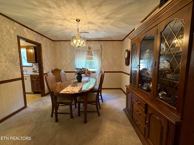 dining space featuring ornamental molding, a textured ceiling, light colored carpet, and a healthy amount of sunlight