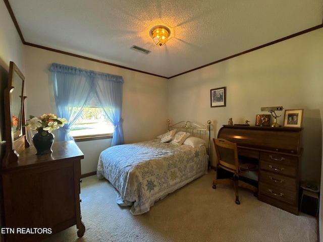 bedroom with light carpet, a textured ceiling, and ornamental molding