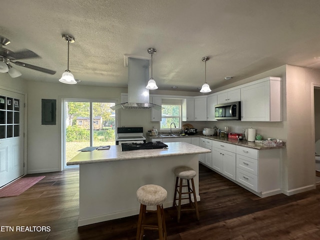 kitchen with white cabinets, island range hood, pendant lighting, dark hardwood / wood-style floors, and sink