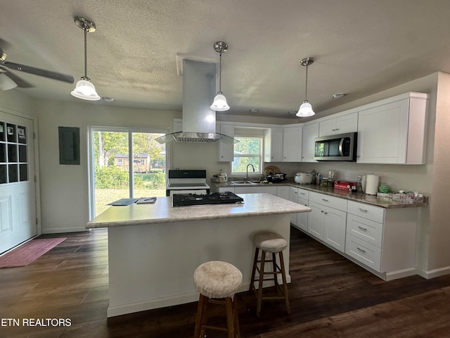 kitchen featuring island range hood, white cabinets, hanging light fixtures, and dark hardwood / wood-style floors