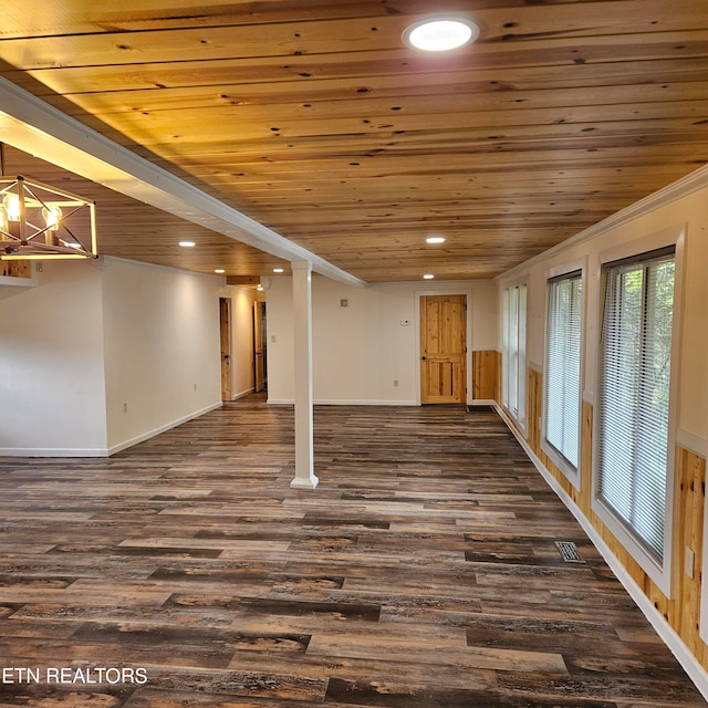 unfurnished living room featuring an inviting chandelier, wood ceiling, and dark hardwood / wood-style flooring