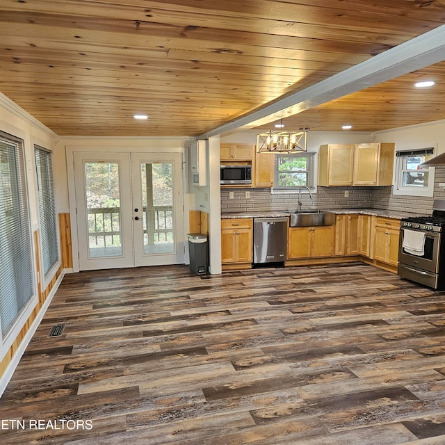 kitchen featuring sink, stainless steel appliances, dark hardwood / wood-style flooring, and tasteful backsplash