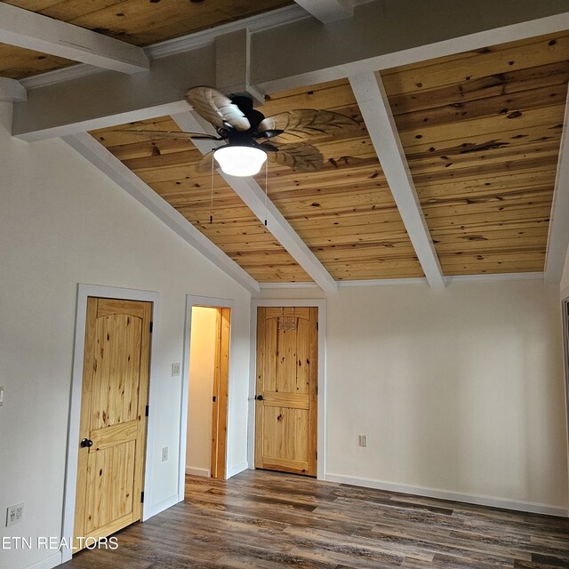 unfurnished room featuring wooden ceiling, vaulted ceiling with beams, dark wood-type flooring, and ceiling fan