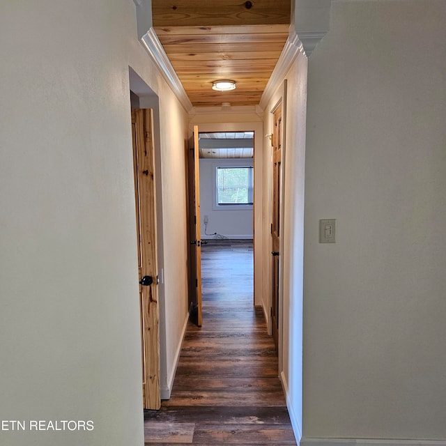 hallway featuring wood ceiling, crown molding, and dark hardwood / wood-style flooring