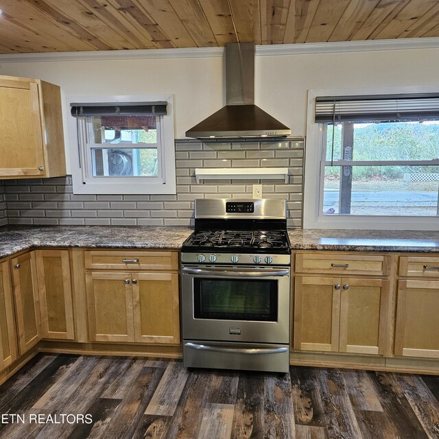 kitchen with dark hardwood / wood-style floors, stainless steel range with gas cooktop, wall chimney range hood, and a healthy amount of sunlight