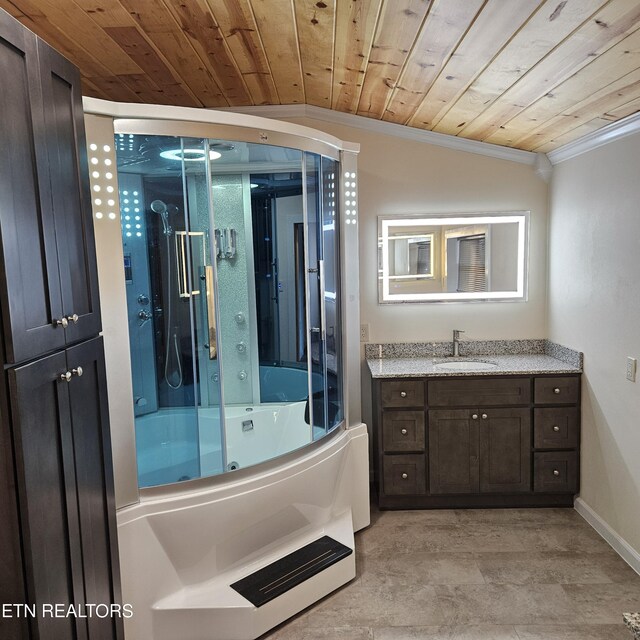 bathroom with wooden ceiling, lofted ceiling, vanity, and bath / shower combo with glass door