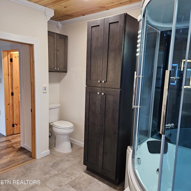 bathroom with wood ceiling, ornamental molding, wood-type flooring, walk in shower, and toilet