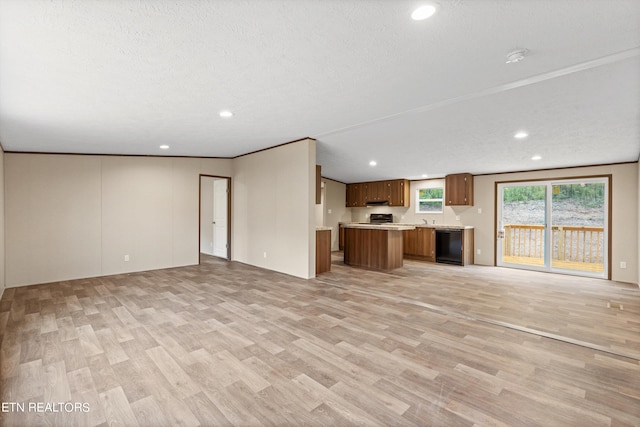 unfurnished living room with light hardwood / wood-style flooring, a textured ceiling, ornamental molding, and sink