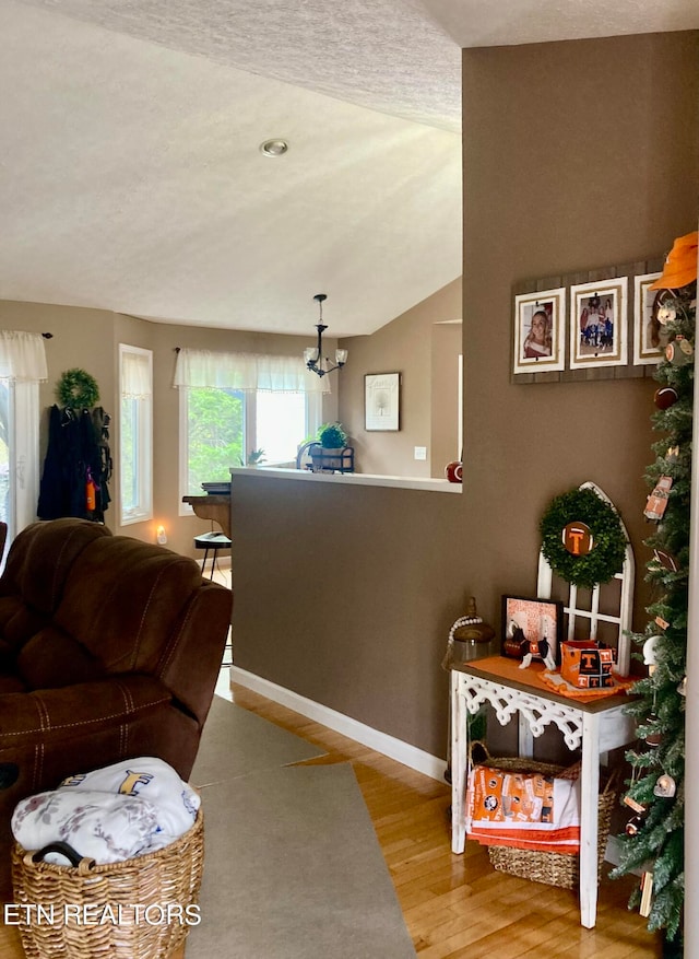 living room with a textured ceiling, lofted ceiling, and light hardwood / wood-style flooring