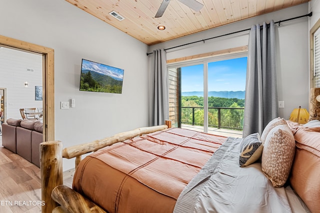 bedroom featuring light hardwood / wood-style floors, wood ceiling, and ceiling fan