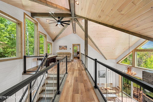 interior space featuring wood ceiling, vaulted ceiling with beams, light hardwood / wood-style floors, and wood walls