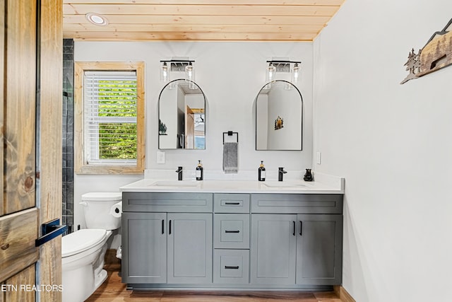 bathroom with vanity, toilet, hardwood / wood-style flooring, and wooden ceiling