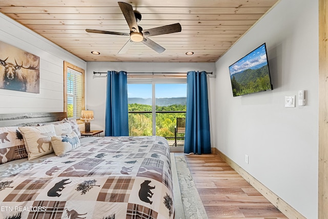 bedroom featuring access to outside, light hardwood / wood-style floors, wooden ceiling, and ceiling fan