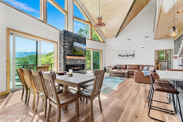 dining room with wooden walls, a fireplace, high vaulted ceiling, and a wealth of natural light