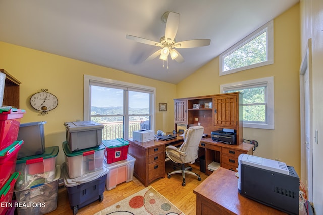 office featuring light hardwood / wood-style flooring, lofted ceiling, ceiling fan, and a wealth of natural light