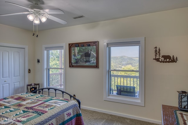 carpeted bedroom featuring ceiling fan, a closet, and multiple windows