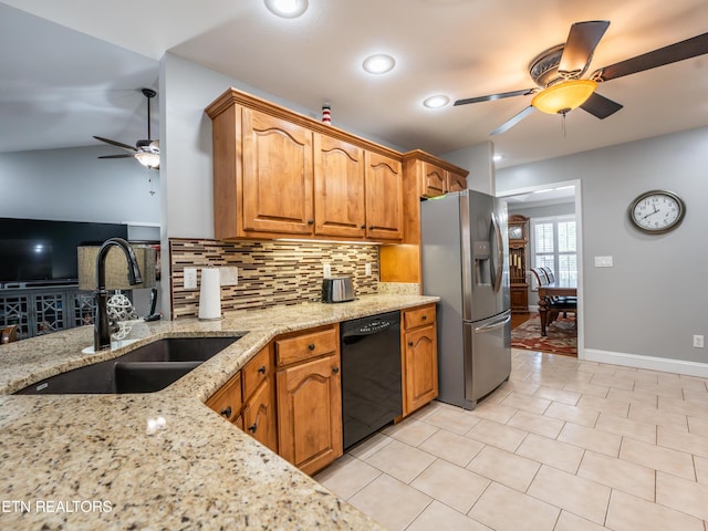 kitchen with black dishwasher, stainless steel fridge with ice dispenser, ceiling fan, and sink