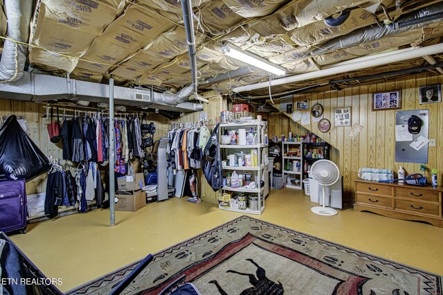 basement featuring wooden walls