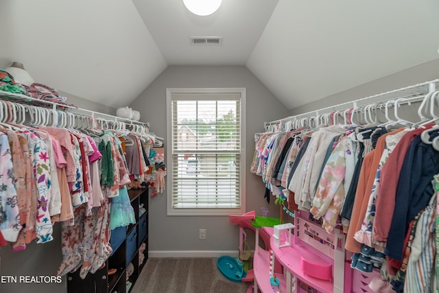 spacious closet with carpet floors and vaulted ceiling