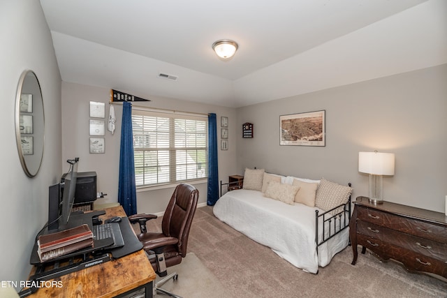 interior space featuring vaulted ceiling and carpet