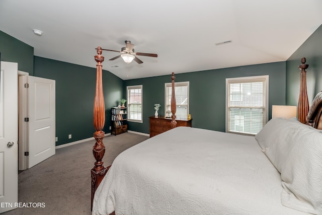 carpeted bedroom with lofted ceiling and ceiling fan