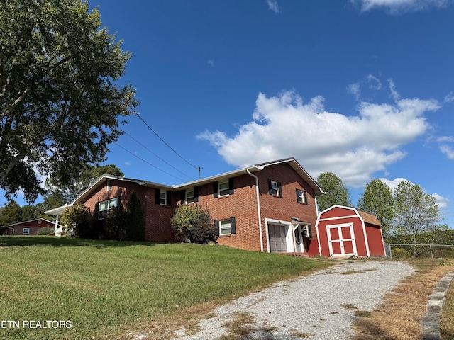 view of property exterior featuring a yard, a shed, and a garage