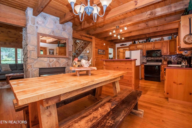 dining room with wood ceiling, light wood-type flooring, beamed ceiling, a fireplace, and wooden walls