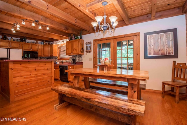 dining room with a notable chandelier, beamed ceiling, light hardwood / wood-style floors, and wooden ceiling