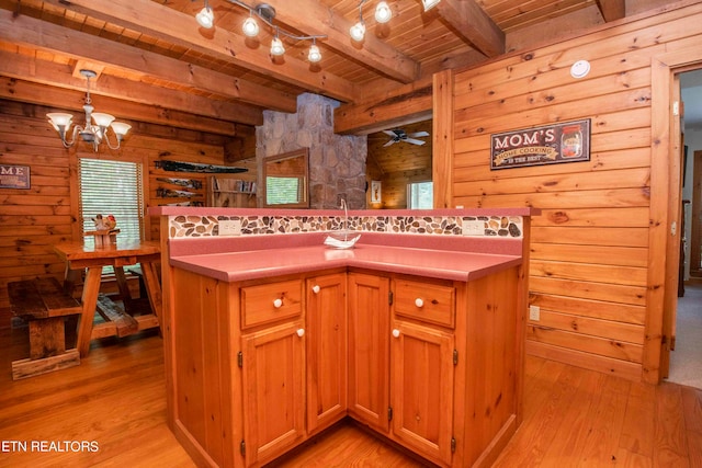 kitchen with beamed ceiling, wood ceiling, hanging light fixtures, wood walls, and light hardwood / wood-style floors