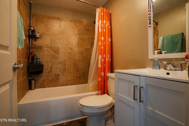 full bathroom with vanity, toilet, and shower / bathtub combination with curtain