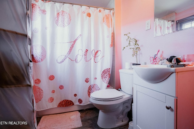 full bathroom with vanity, shower / bath combo, and toilet