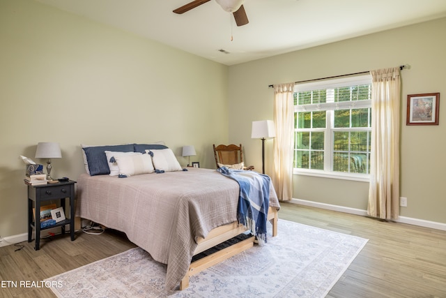 bedroom featuring light wood-type flooring and ceiling fan