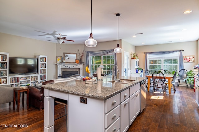 kitchen with sink, stainless steel dishwasher, decorative light fixtures, light stone countertops, and dark hardwood / wood-style flooring