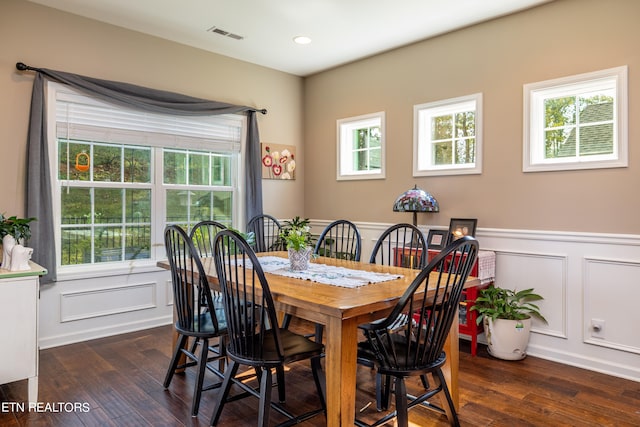 dining space with a healthy amount of sunlight and dark wood-type flooring