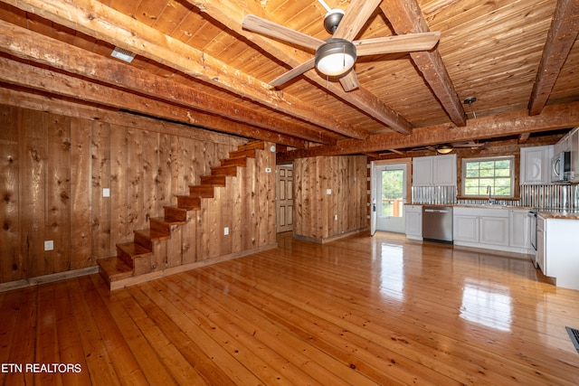 unfurnished living room with wooden walls, light wood-type flooring, and wood ceiling