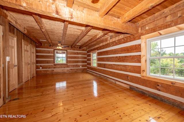 spare room with ceiling fan, wood walls, beam ceiling, light hardwood / wood-style flooring, and wooden ceiling