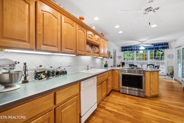 122 Vinita Ln, Loudon, TN 37774 - kitchen with dishwasher, a ceiling fan, a sink, stainless steel electric range, and a peninsula