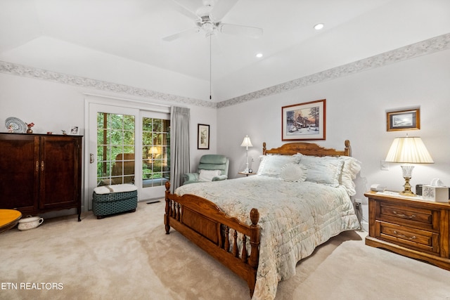 122 Vinita Ln, Loudon, TN 37774 - bedroom featuring lofted ceiling, light carpet, a ceiling fan, and access to outside