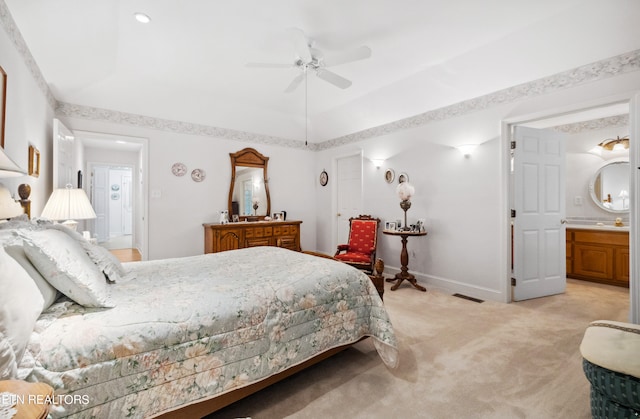 122 Vinita Ln, Loudon, TN 37774 - bedroom with light carpet, ensuite bath, baseboards, and ceiling fan