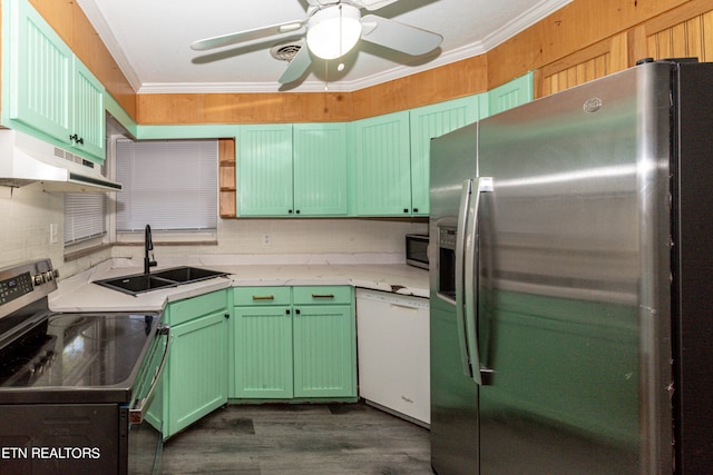 kitchen featuring dark hardwood / wood-style floors, tasteful backsplash, sink, stainless steel appliances, and ceiling fan