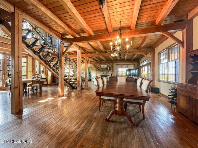 dining space with hardwood / wood-style flooring, beam ceiling, a chandelier, and wooden ceiling