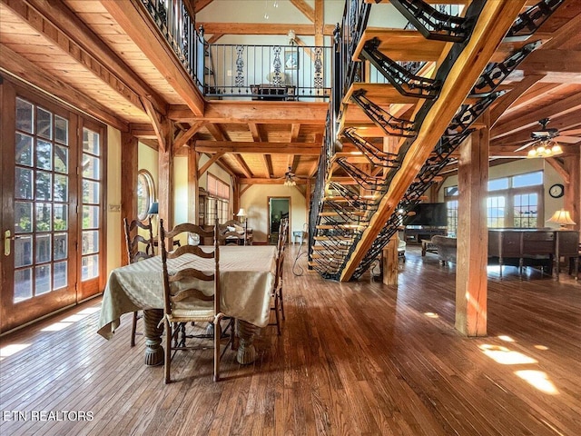 dining area with ceiling fan, plenty of natural light, and hardwood / wood-style floors