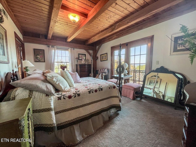 carpeted bedroom with beam ceiling and wooden ceiling